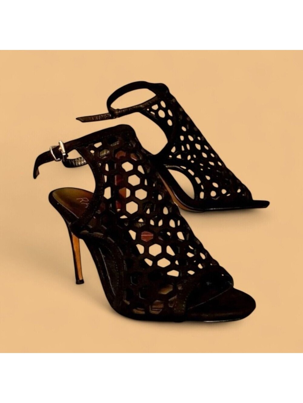 Raye Black Suede Honeycomb Laser Cut Stiletto Heels Ankle Strap Sandal 5.5